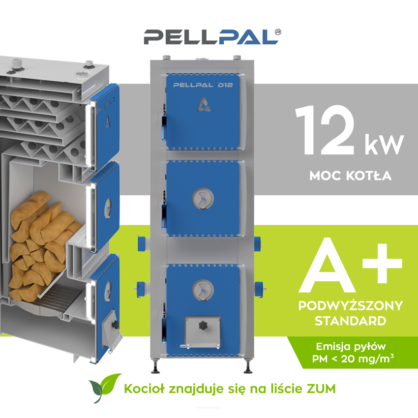 Kocioł na drewno PELLPAL D o mocy 12 kW z miarkownikiem Regulus - EcoDesign, 5 Klasa