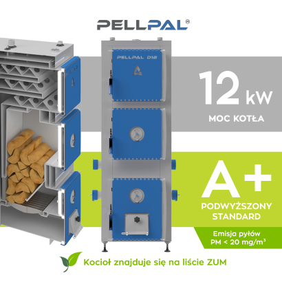 Kocioł na drewno PELLPAL D o mocy 12 kW z miarkownikiem Regulus - EcoDesign, 5 Klasa