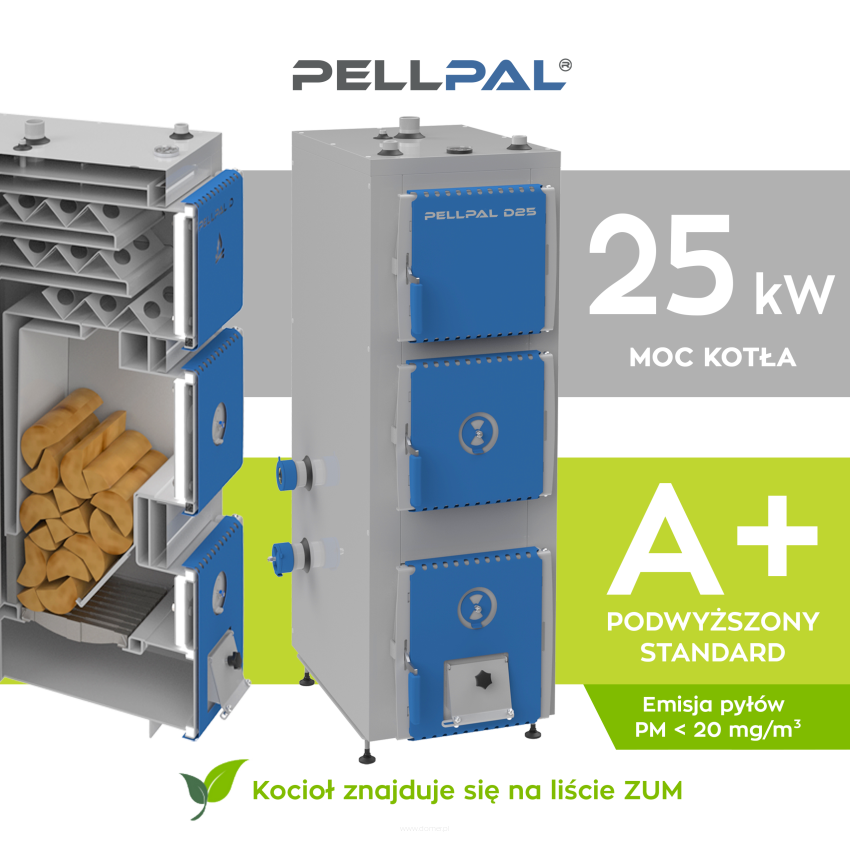 Kocioł na drewno PELLPAL D o mocy 25 kW z miarkownikiem Regulus - EcoDesign, 5 Klasa