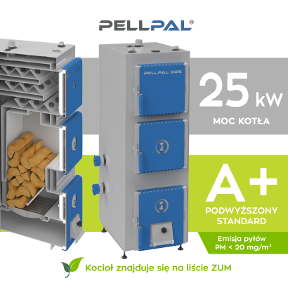 Kocioł na drewno PELLPAL D o mocy 25 kW z miarkownikiem Regulus - EcoDesign, 5 Klasa
