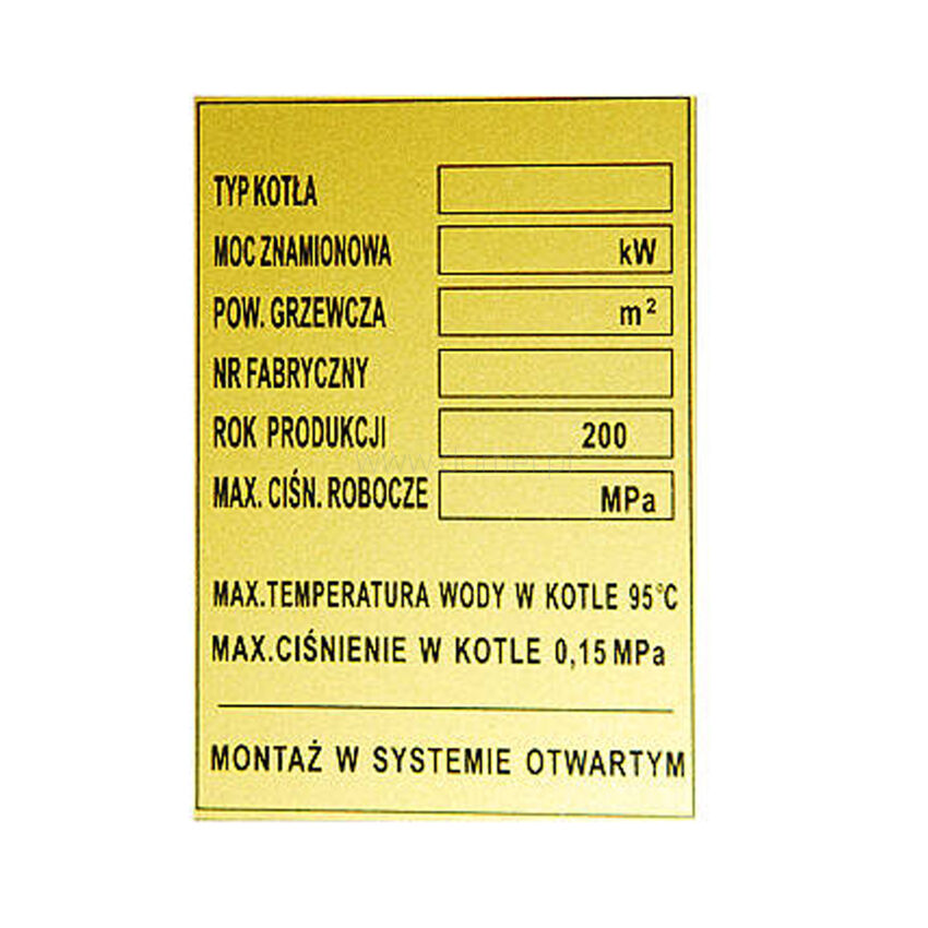 Boiler nameplate sticker - gold