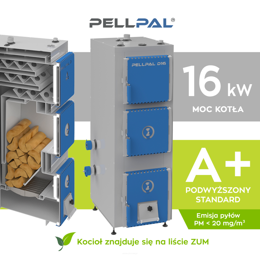 Kocioł na drewno PELLPAL D o mocy 16 kW z miarkownikiem Regulus - EcoDesign, 5 Klasa