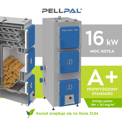 Kocioł na drewno PELLPAL D o mocy 16 kW z miarkownikiem Regulus - EcoDesign, 5 Klasa