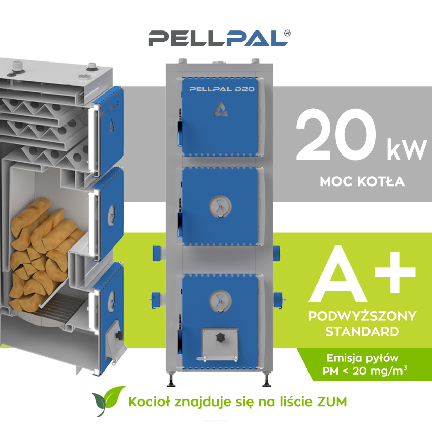 Kocioł na drewno PELLPAL D o mocy 20 kW z miarkownikiem Regulus - EcoDesign, 5 Klasa