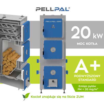 Kocioł na drewno PELLPAL D o mocy 20 kW z miarkownikiem Regulus - EcoDesign, 5 Klasa